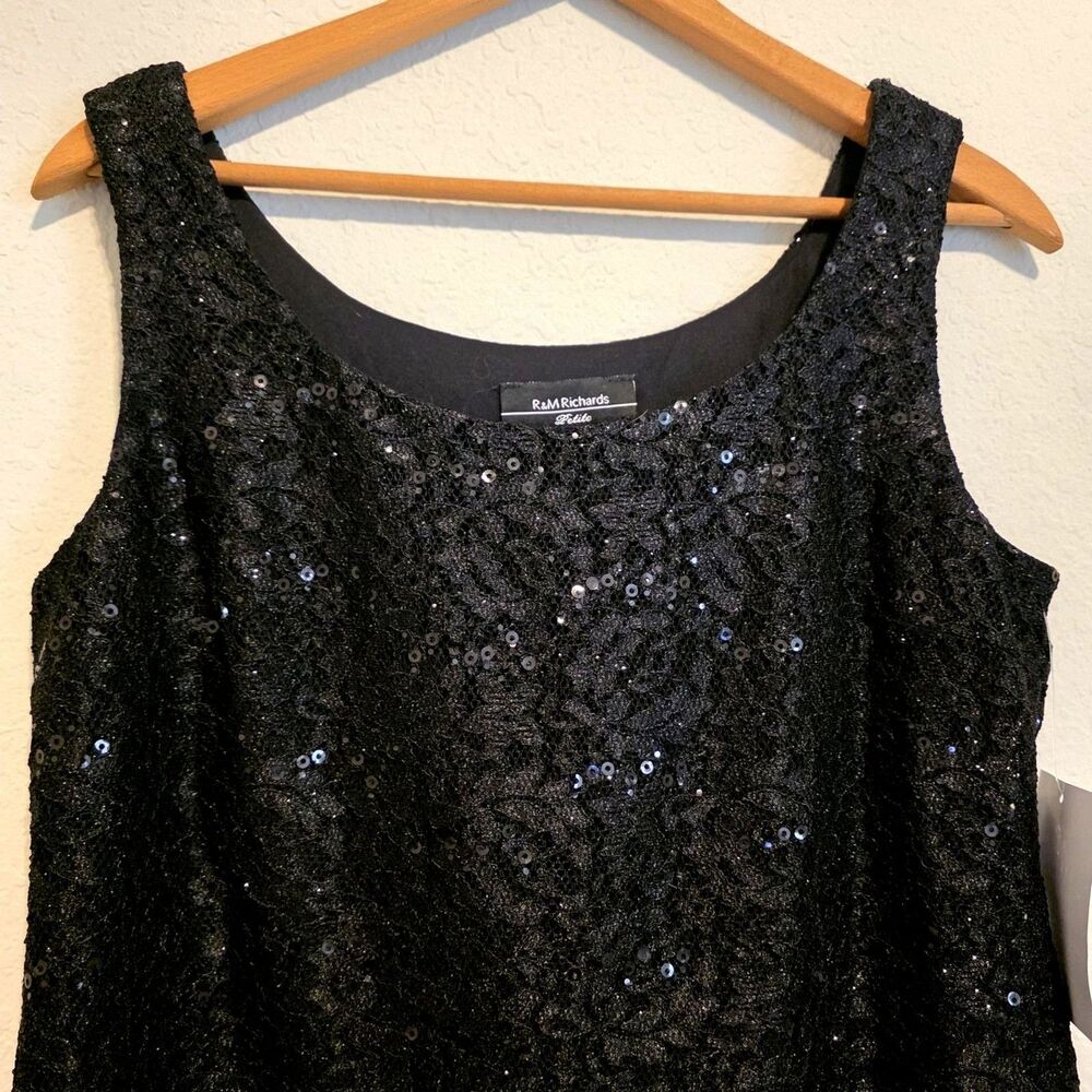 NWT R&M Richards Black Sequined Tank Top Floral Lace Cocktail Evening Size 4P